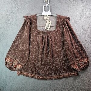 NEW Savanna Jane Top Blouse Women 1X Embroidered Hem Square Neck Polka Dot Brown